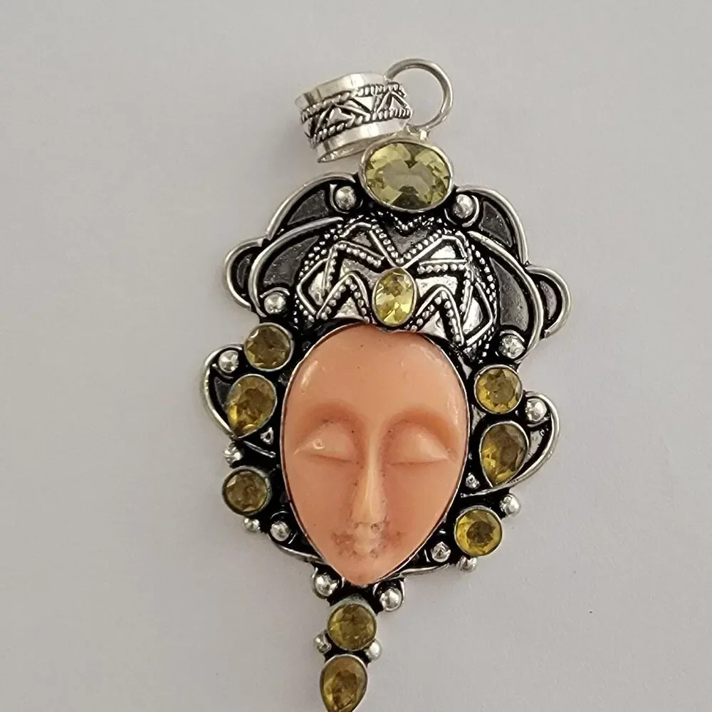 Womens Watch Coral Face Yellow Stone Silver Tone Dress/Formal Statement Pendant